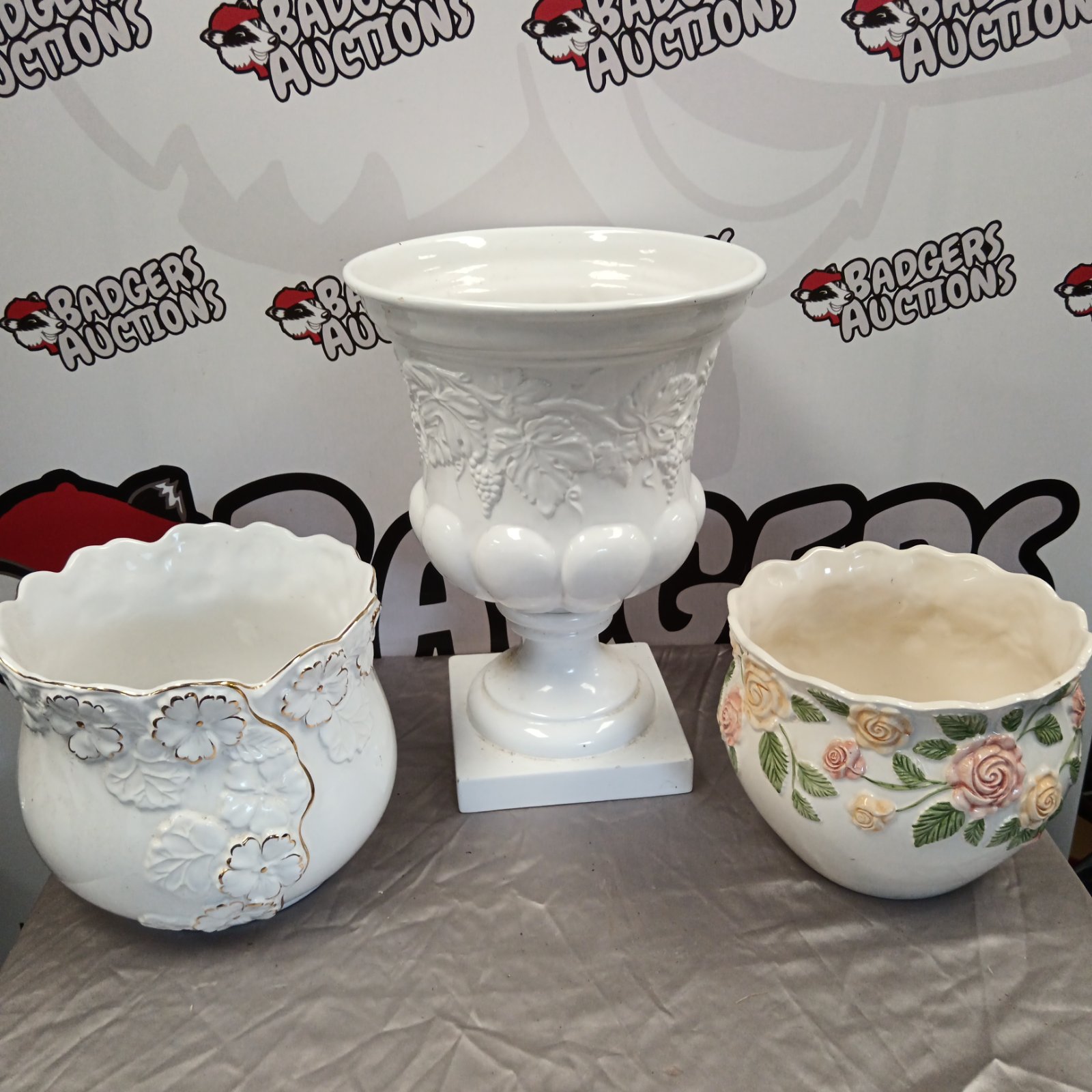 Two ceramic jardiniere pots & pedestal urn planter