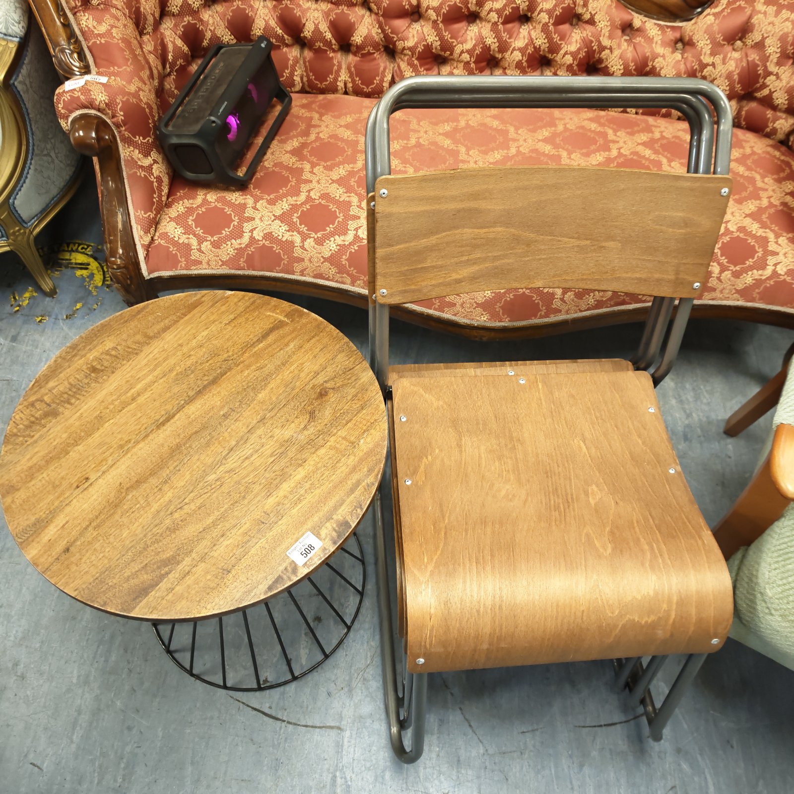 Wire framed wood topped side table with three metal framed bentwood chairs