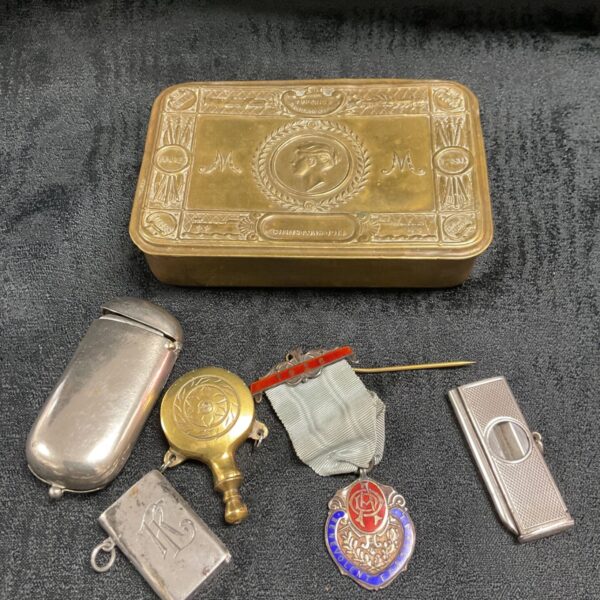 Princess mary christmas box with mixed items inc silver cigar cutter
