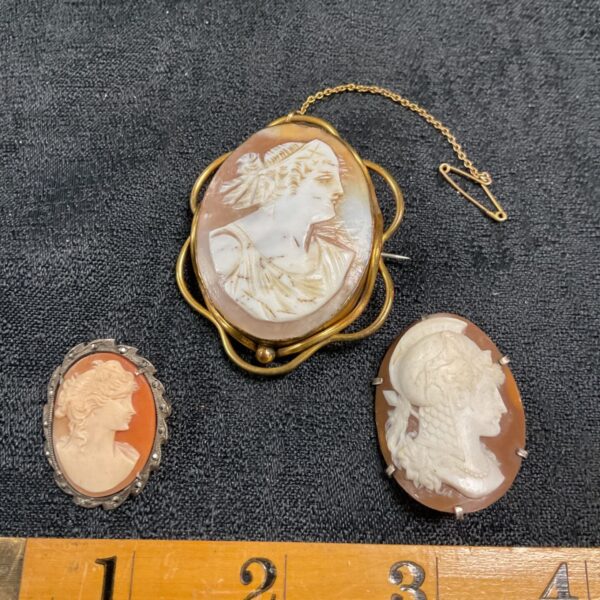 Three Victorian Cameo brooches pinchbeck and silver