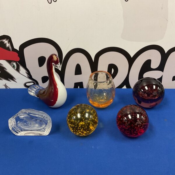 Four glass paperweights, orange art glass vase & murano style glass duck