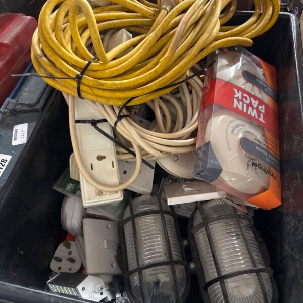 Box of mixed electricals inc switches, lights, new fire angel alarms, 110v extension lead & others