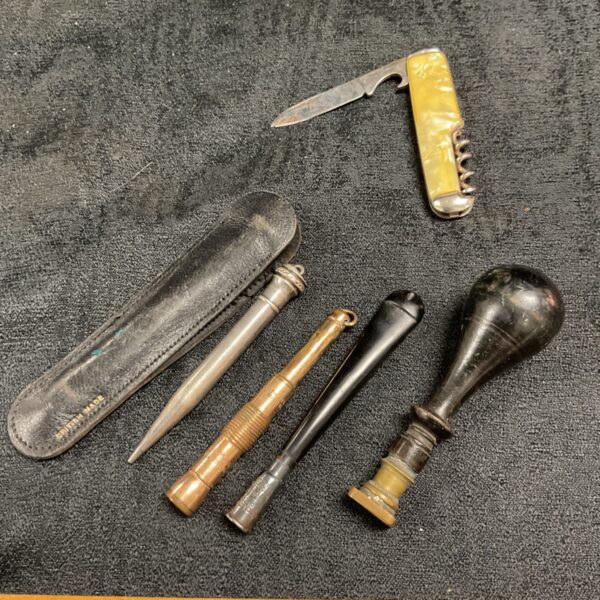 Two Vintage Cigarette holders one is irish hallmarked silver, Wax seal stamp ,silverplate pencil and pocket knife