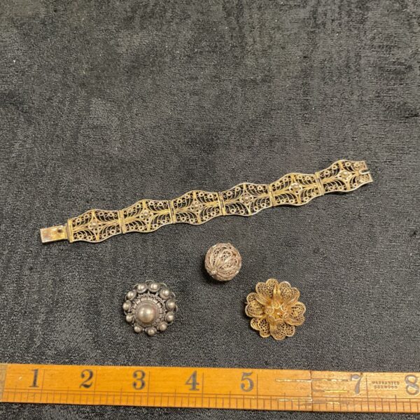 925 Silver Illigree Bracelet Two Brooches abd Ball Pendant 34.2g