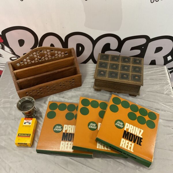 Wooden letter rack, trinket box & prinz movie reels