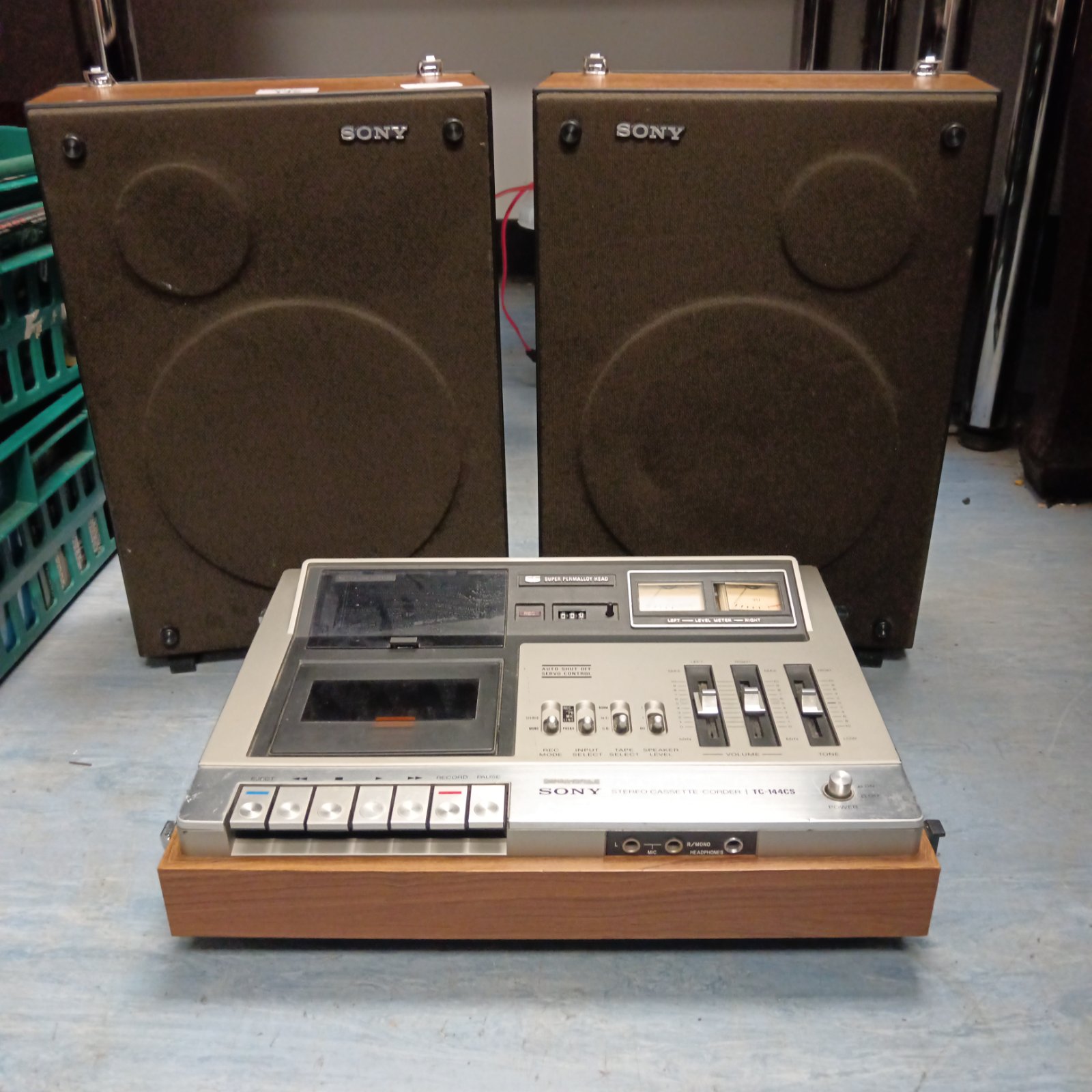 vintage Sony TC-144CS portable stereo cassette-corder and speaker system