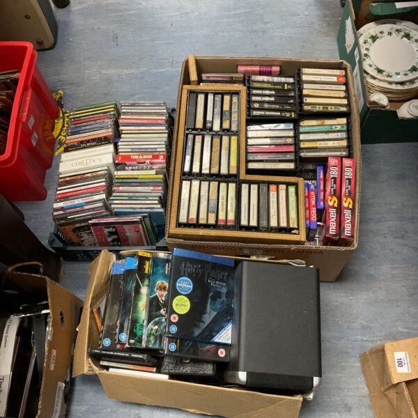 Large lot of cds, audio cassettes & vhs