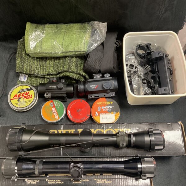 box of four rifle scopes Two are red dot sights , 2 gun slips, container of mounts and 4 tins of pellets 177/22