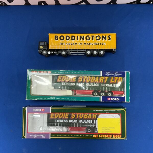 Three Corgi diecast model lorry trailers incl. Ltd Edition Eddie Stobart, Boddingtons