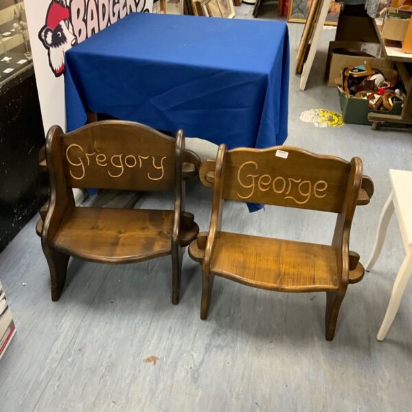 Two wooden nursery chairs with George and Gregory engraving