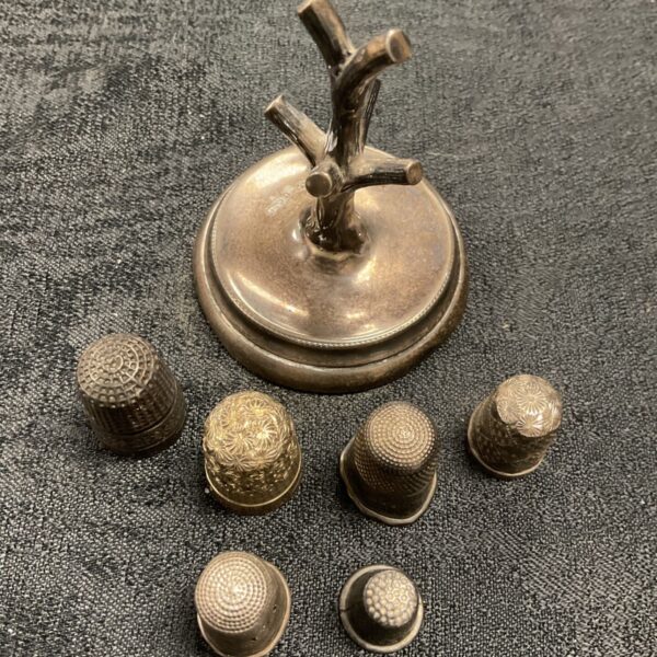 Four Hallmarked Silver Thimbles 20.66g and two other inc for a good girl and Hallmarked Silver Ring Tree 13.76 Unfilled