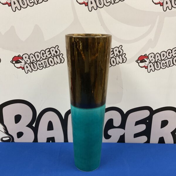 Large 17.5” turquoise & bronze crackle glazed ceramic vase