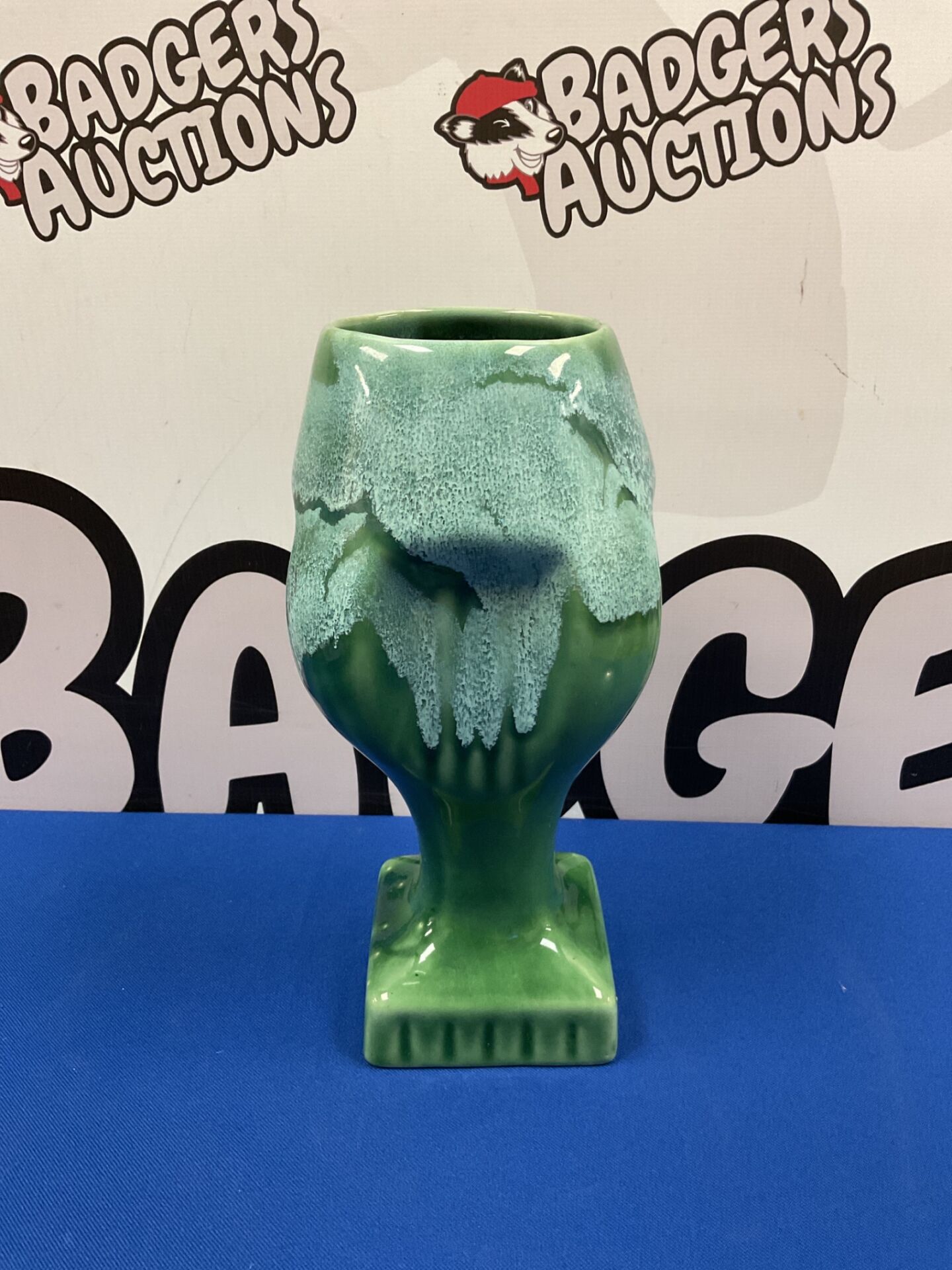 060 Mid century 11” green slip glazed vase