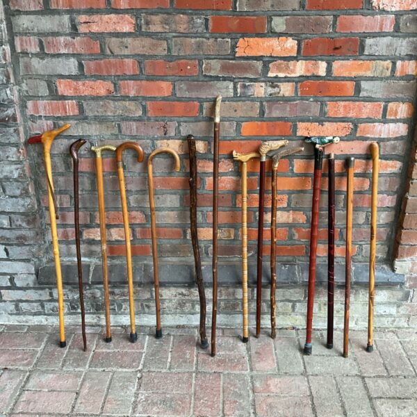 Collection of vintage walking sticks including horn handled & silver topped stick
