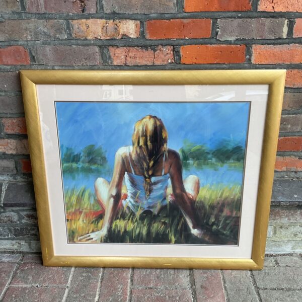 Original oil painting of a female relaxing on a lakeside