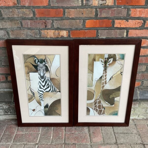 Two framed marshall arts abstract zebra & giraffe prints