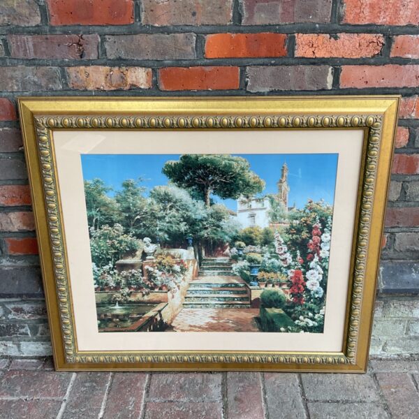 Large gilt framed manuel garcia y rodriguez print of a Spanish flower garden