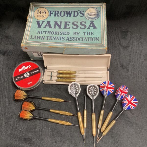 Box of vintage darts & .22 cal rifle pellets