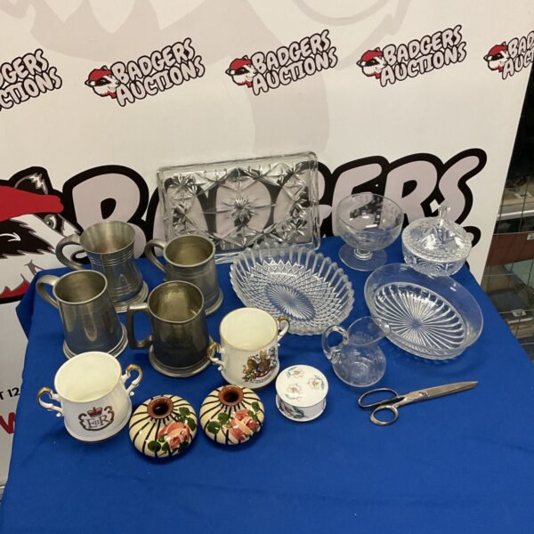 Box of pewter tankards & crystal bowls