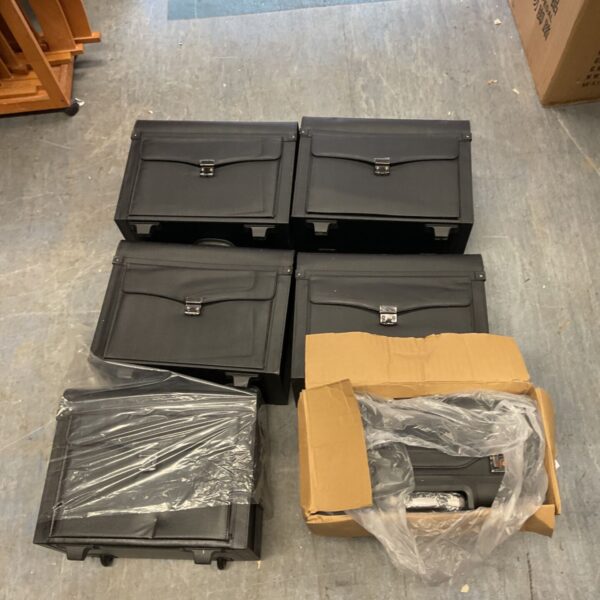 Lot of six black briefcases, vintage luggage and carrying cases.