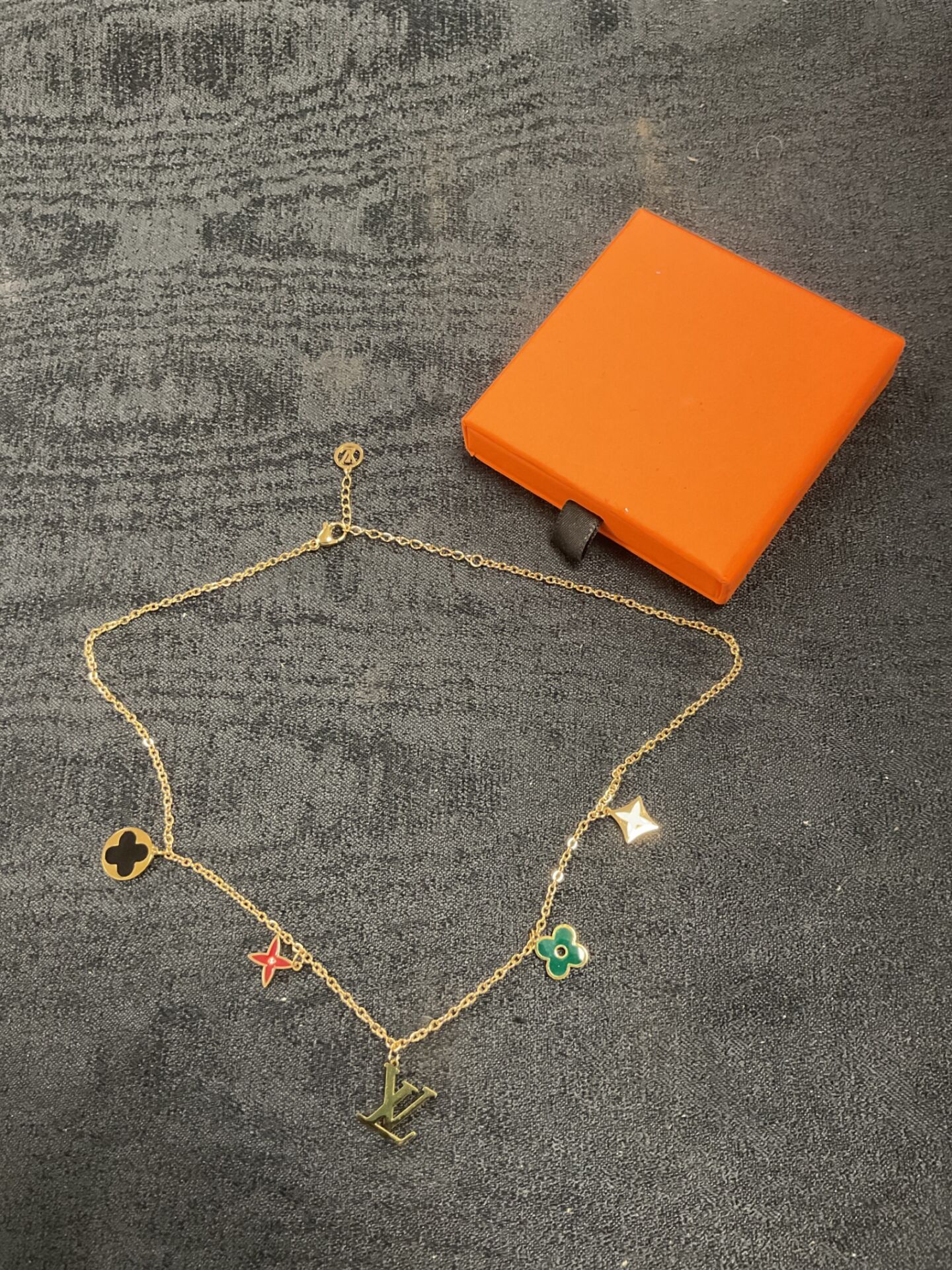 930 Vintage Style Louis Vuitton Monogram Flower and LV Charm Necklace With Enamel Accents In Original Box