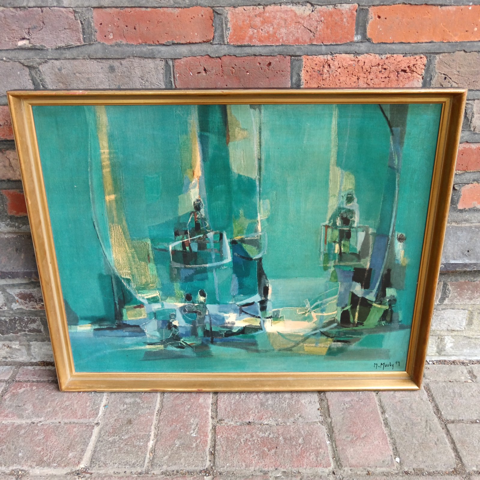 Framed mid-century Marcel Mouly "Spanish Balcony" print with abstract design.