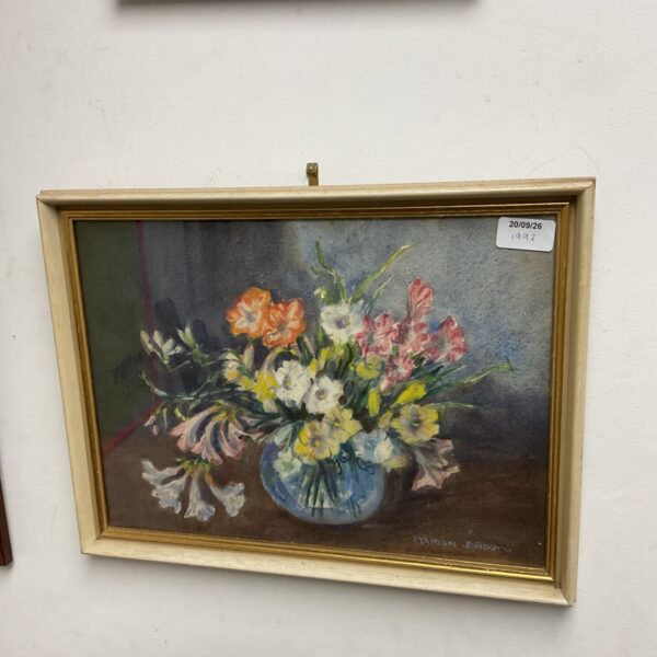 Marion Broom still life watercolour painting of flowers in a vase.