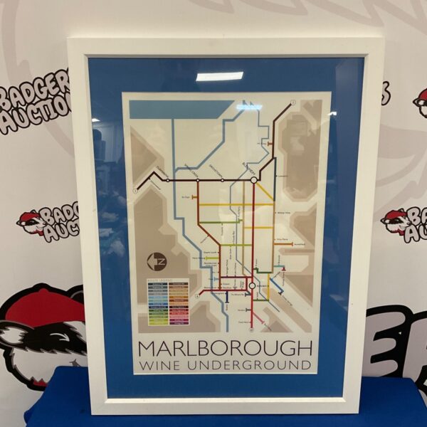 Framed Marlborough Wine Underground poster, detailed vineyard map.