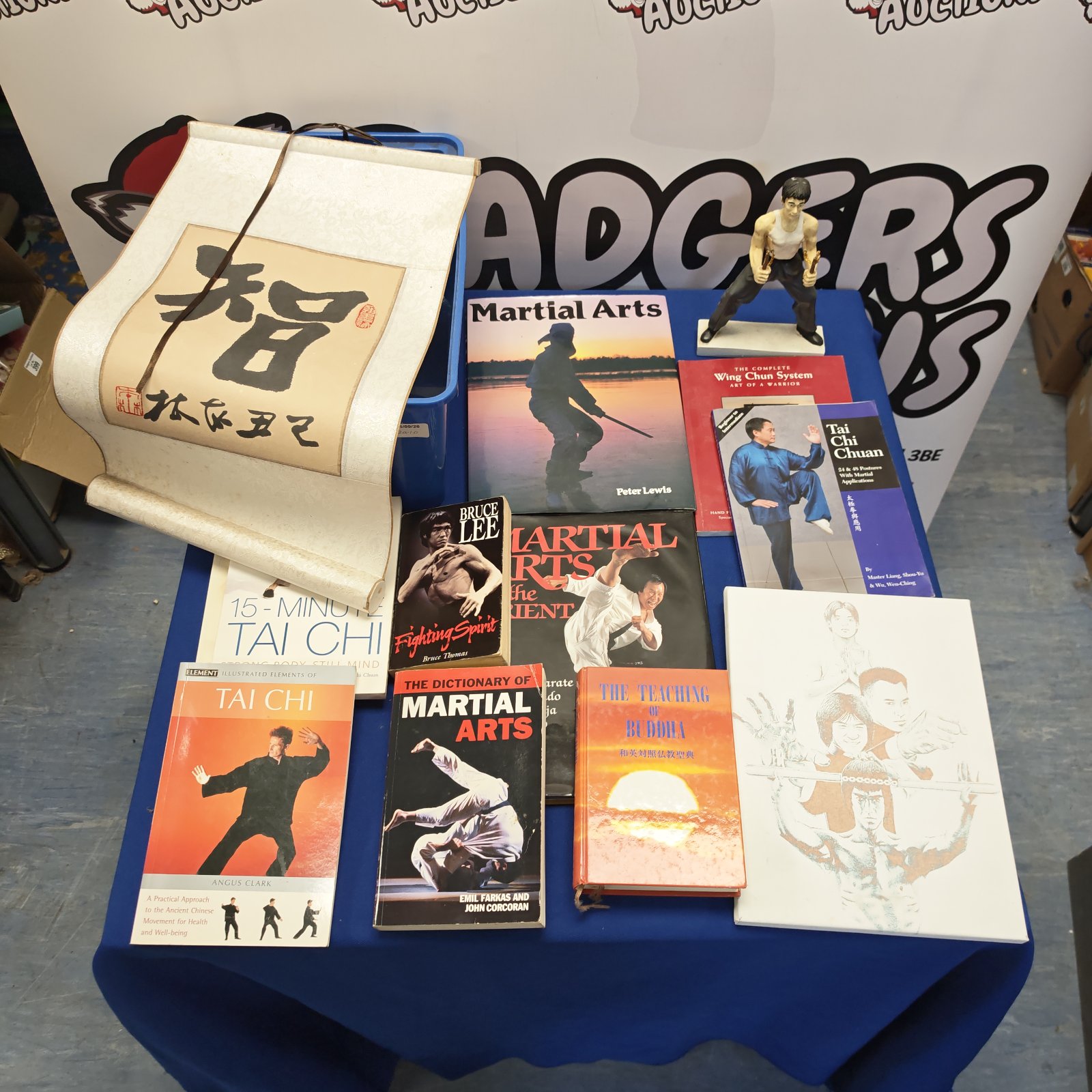 Lot of martial arts books including Bruce Lee titles and Tai Chi guides.