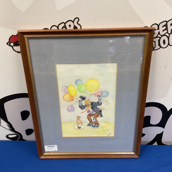 Vintage Mary Hicks watercolour painting of a clown with balloons.