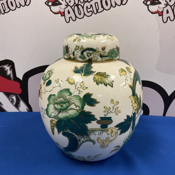 Masons Ironstone chartreuse ginger jar with floral design.