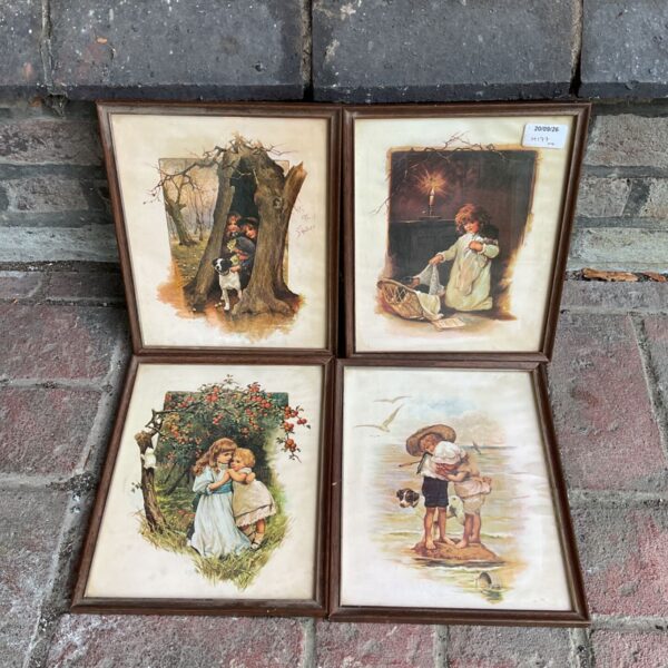 Antique set of four Me Grey prints depicting children in a Victorian style.