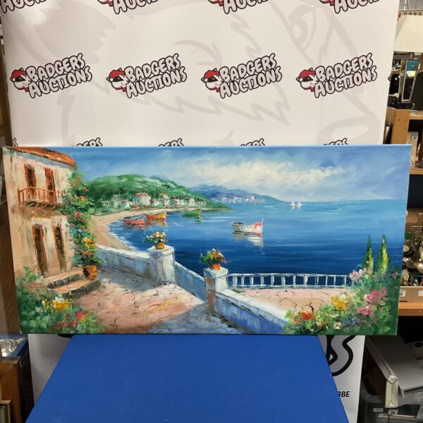 Original Mediterranean villa oil painting with balcony and coastal view.