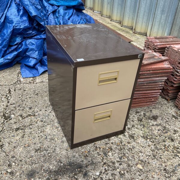 Vintage two-drawer metal filing cabinet for office storage.