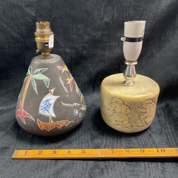 Vintage mid-century ceramic table lamp with a boat scene.