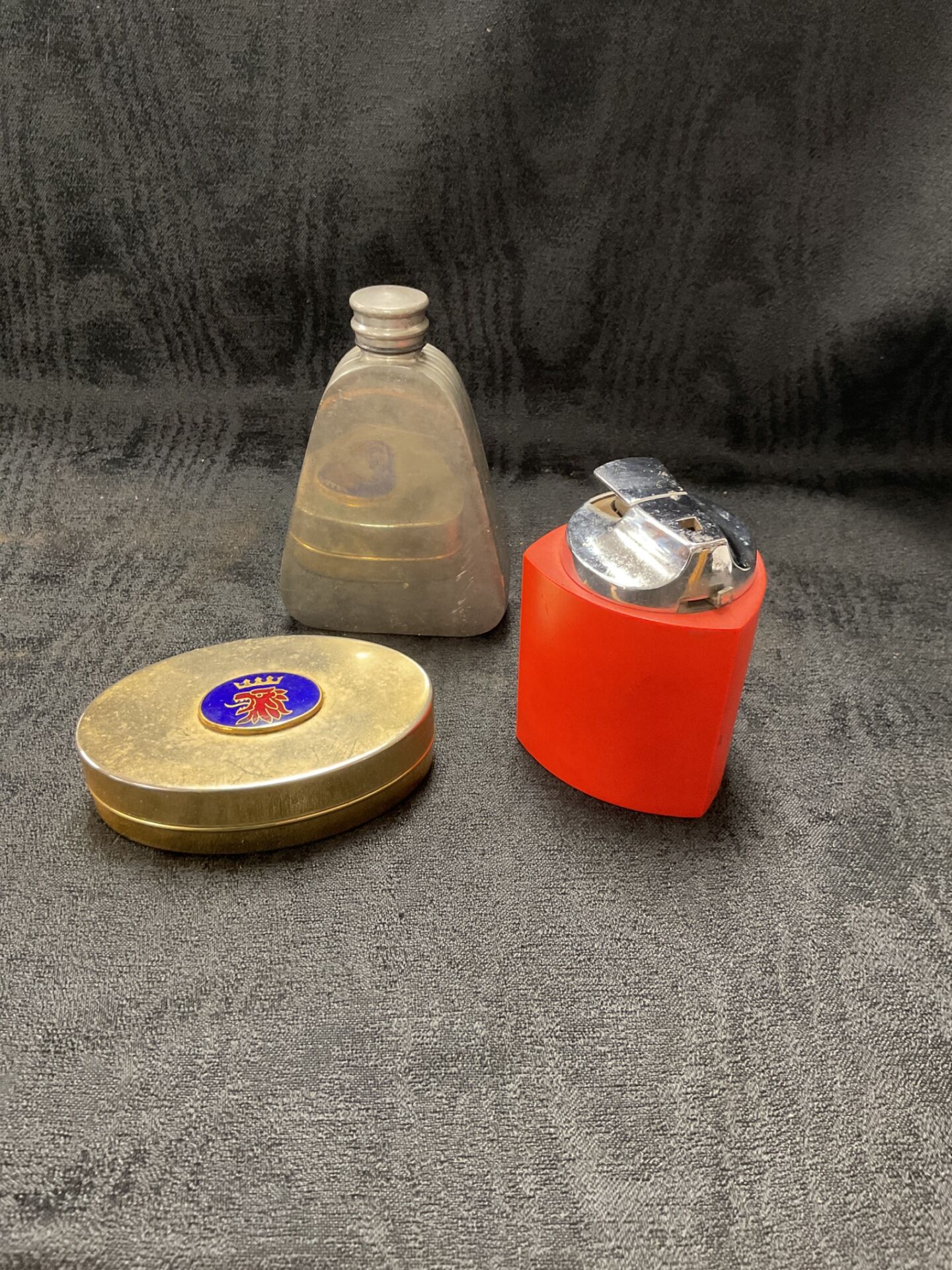878 Mid century Ronson Table lighter Pewter Hip Flask and Saab Metal Trinket Tin