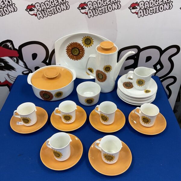 Vintage J & G Meakin Midwinter coffee set with floral design.