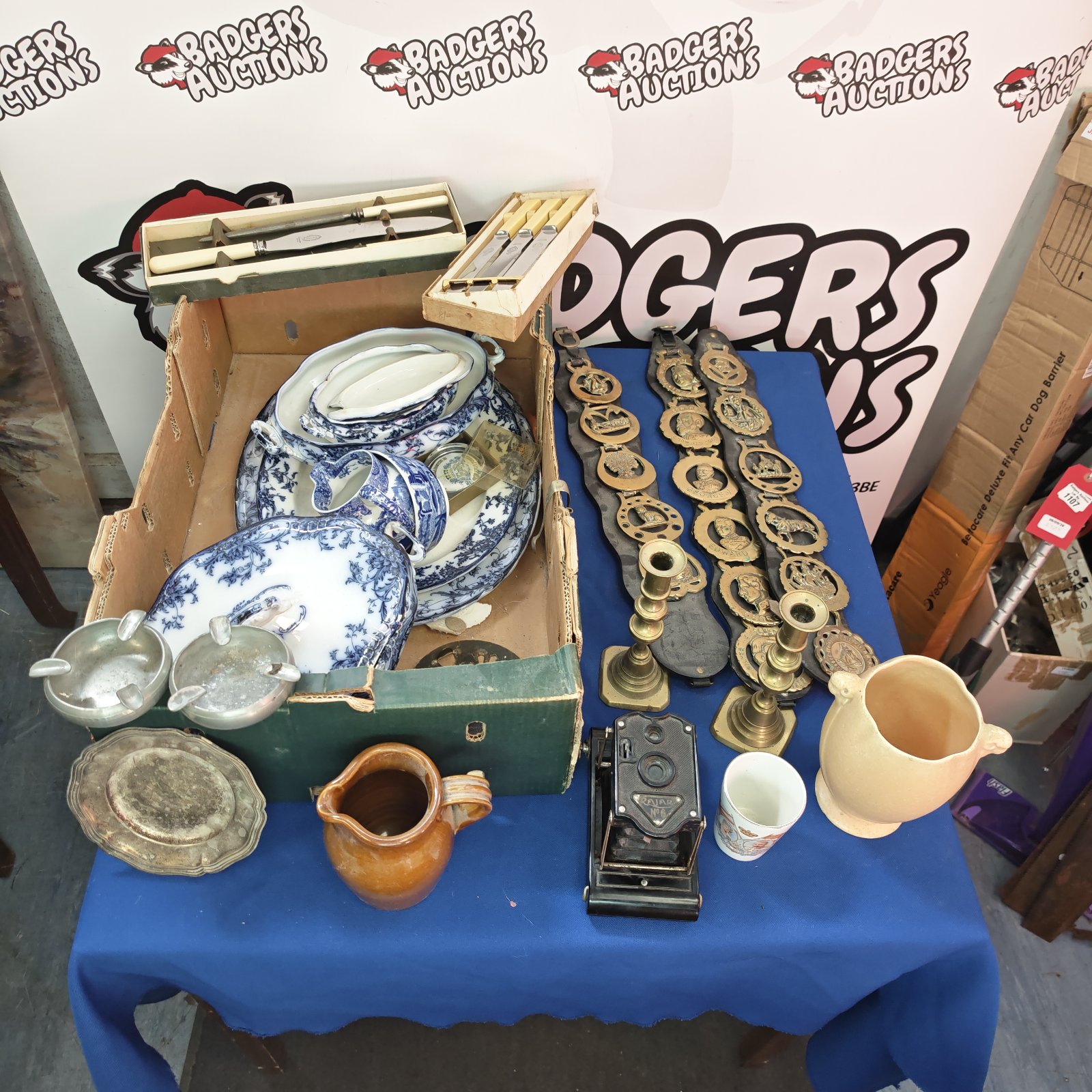 Mixed lot of vintage brass and blue and white china.
