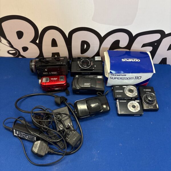 Mixed camera lot including Olympus, Canon, and Samsung cameras.