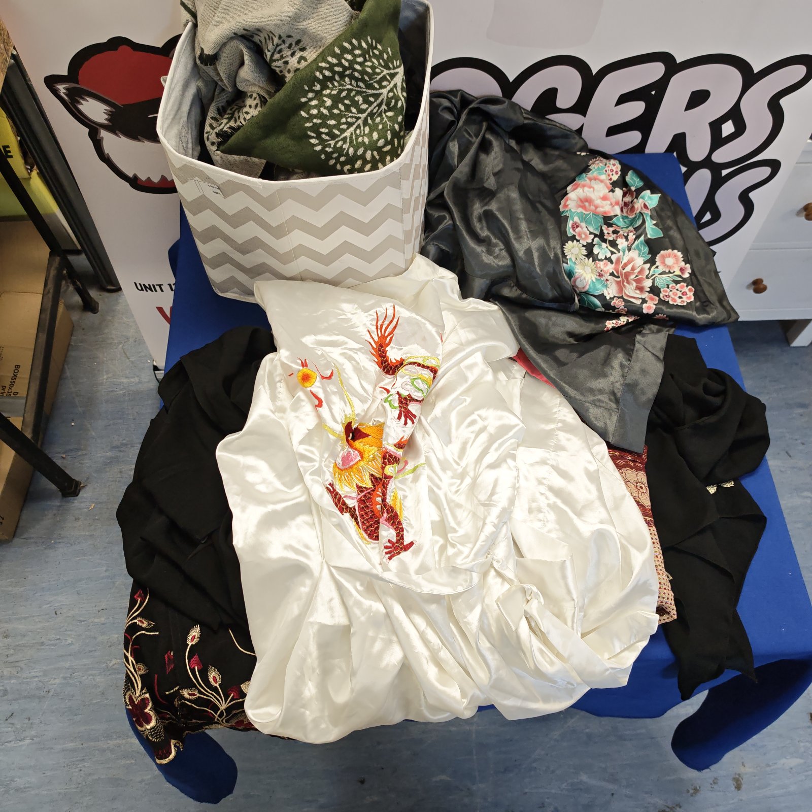Mixed clothing lot featuring embroidered oriental night robes.