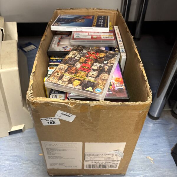 Box of mixed DVDs for sale, a varied movie collection.