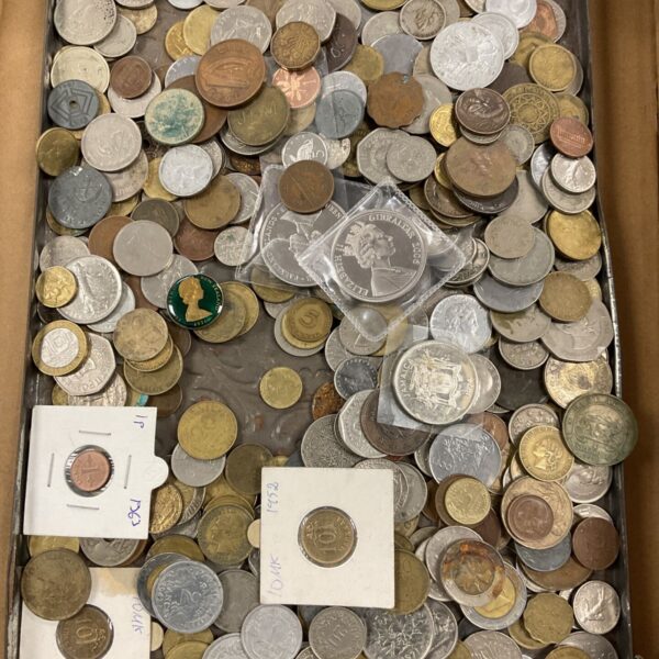 Tray of mixed foreign coins, diverse world currency collection.