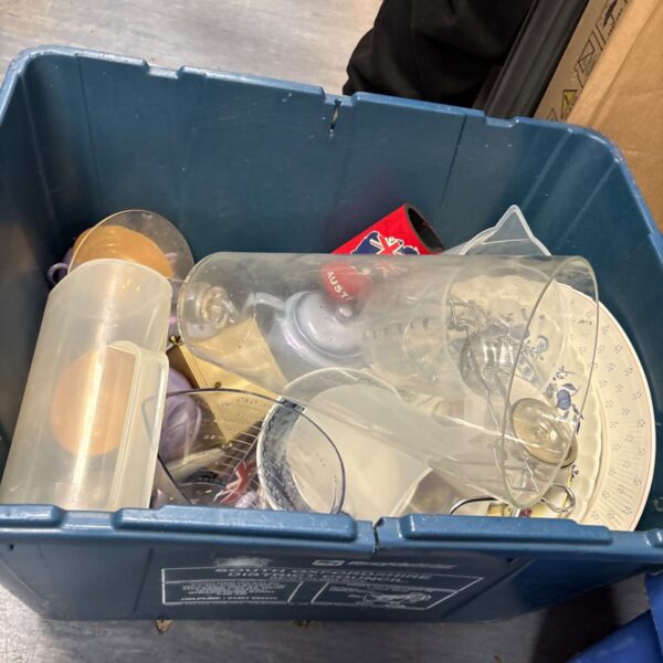 Mixed kitchenware lot with vintage china pieces inside a box.