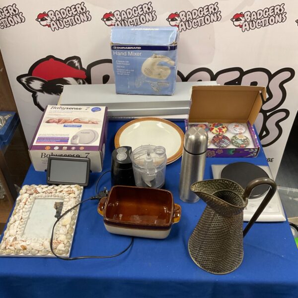 Mixed lot including Babysense monitor and kitchen items.