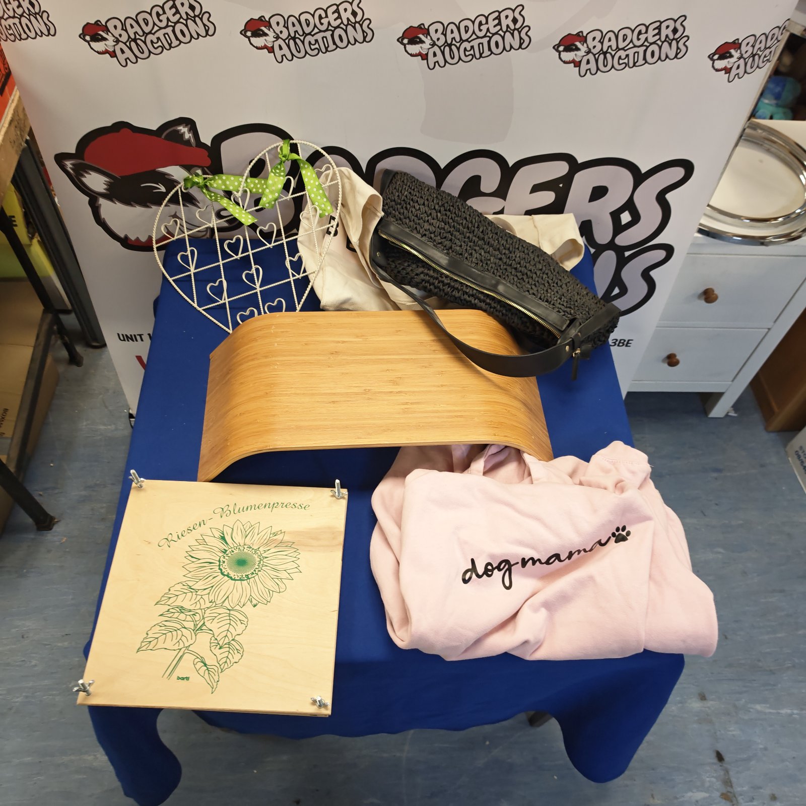 Mixed lot bundle featuring dog mama hoodie, IKEA riser, and flower press.