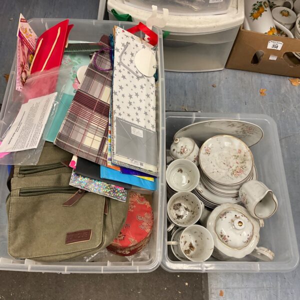 Mixed lot of vintage china tea set and colourful gift bags.