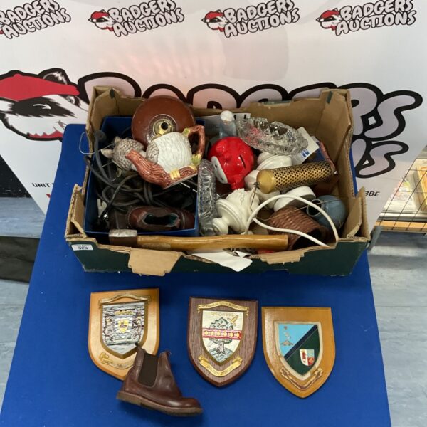 Mixed lot of vintage collectibles including bowls club plaques and crystal dish.