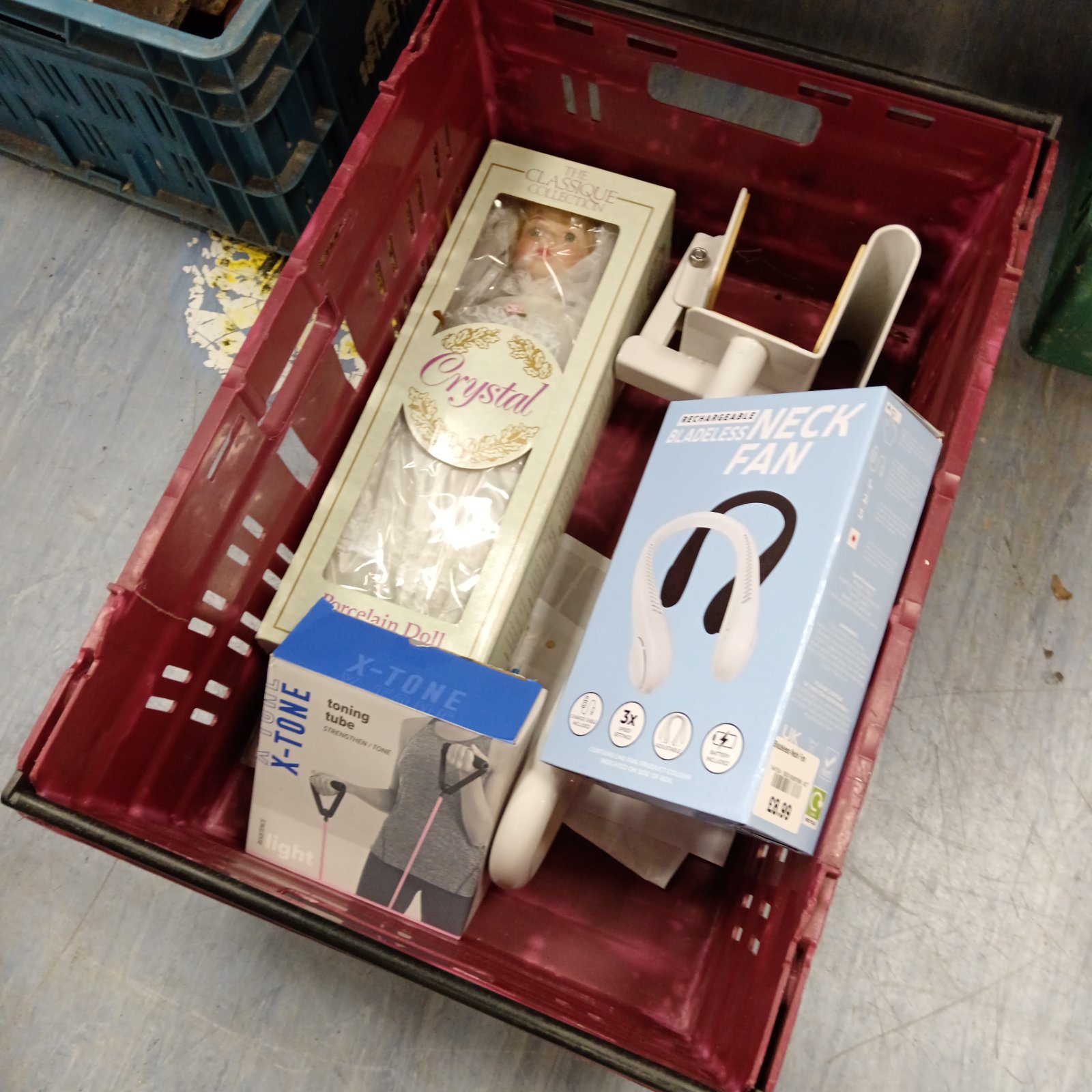 Mixed lot of collectibles including a Crystal doll and fitness equipment.