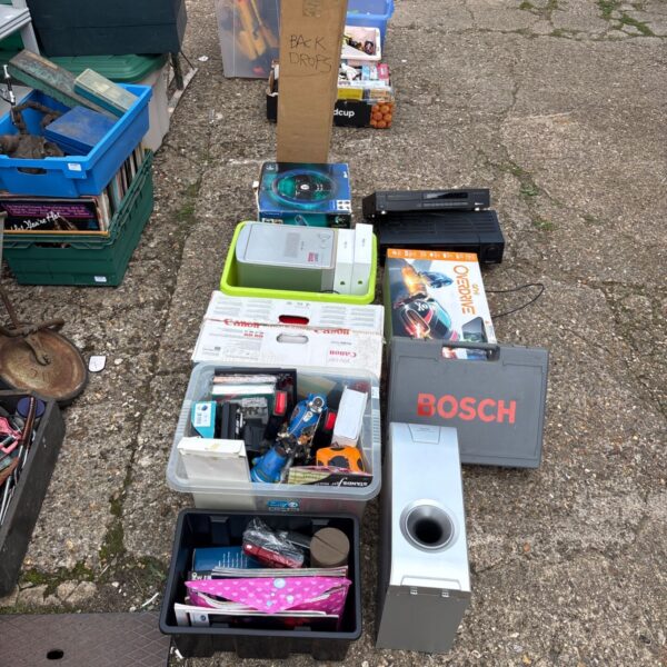 Mixed lot of electronics, tools, and vintage toys including a Bosch drill.