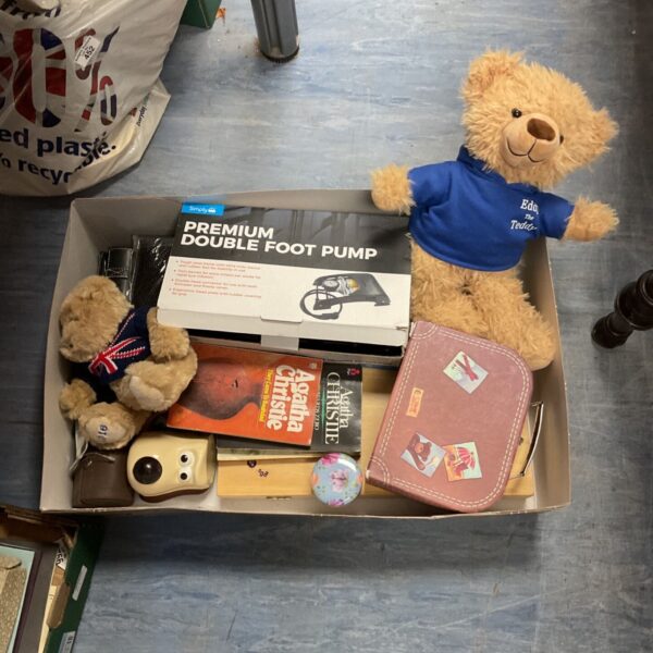 Mixed lot including a Steiff bear suitcase and foot pump.